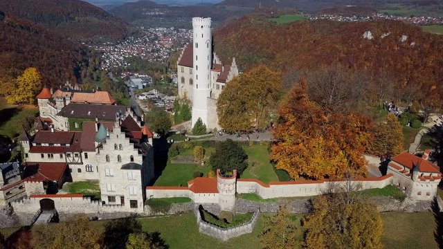 Flight around Lichtenstein Castle in the Swabian Jura, Baden-Wurttemberg, Germany.