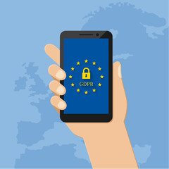 GDPR concept. Hand holding smartphone with lock symbol and flag of the European Union on its screen display.