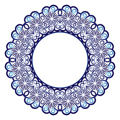 Ceramic tile pattern. Decorative round ornament. White background with art frame. Islamic, indian, arabic motifs.