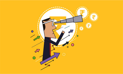 Man Looking Through a Telescope for Money / Funds. Investment Concept. Graphs and Arrows Going up. Business Idea. Vector Illustration.