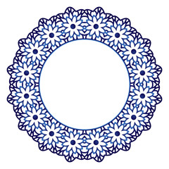 Ceramic tile pattern. Decorative round ornament. White background with art frame. Islamic, indian, arabic motifs.