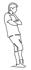 Full body half turn view portrait of young man with crossed arms. Continuous line drawing. Isolated on the white background. Vector illustration monochrome