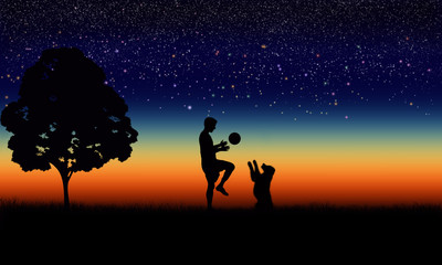 The guy with the ball playing with the dog on the background of a beautiful starry sky and sunset