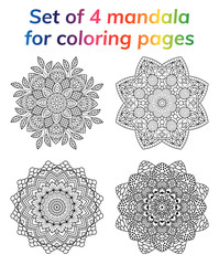 Coloring book pages set. Collection mandala. Indian antistress medallion. Abstract islamic flower, arabic henna design, yoga symbol