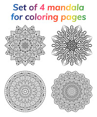 Coloring book pages set. Collection mandala. Indian antistress medallion. Abstract islamic flower, arabic henna design, yoga symbol