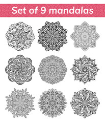 Mandala set. Indian antistress medallion. Abstract islamic flower, arabic henna design, yoga symbol