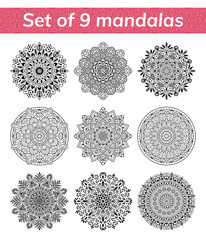 Mandala set. Indian antistress medallion. Abstract islamic flower, arabic henna design, yoga symbol