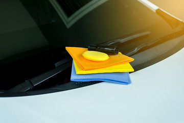 Wipers chamois many color cloth and yellow sponge wax with white car
