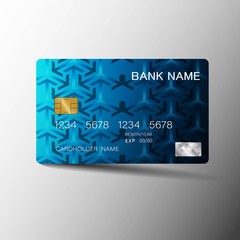  Realistic detailed credit card .Blue color on the gray background.