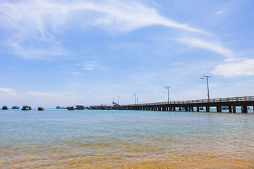 Obraz premium KIEN GIANG, VIETNAM, May 12th, 2018: Wharves at Nha beach on Son island, Kien Giang, Vietnam. Near Phu Quoc island