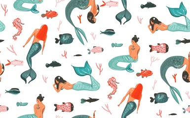 Obraz premium Hand drawn vector abstract cartoon graphic summer time underwater illustrations seamless pattern with jellyfish,fishes and beauty bohemian mermaid girls characters isolated on white background