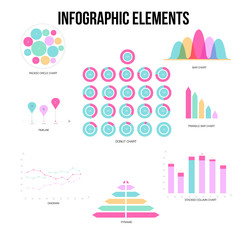 Infographic Elements Vector Set Modern Business Process Presentation. Pie Chart, Circular Bar, Linear Diargam Targeting, Development Report. Chart Graphic Business Statistics Cool Infographic Template