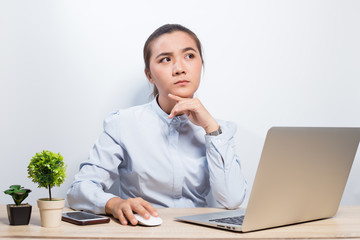 Woman look at laptop and she unhappy