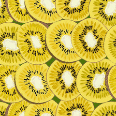 Hand-drawn seamless background with kiwi fruit, single, peeled and sliced, realistic drawing,