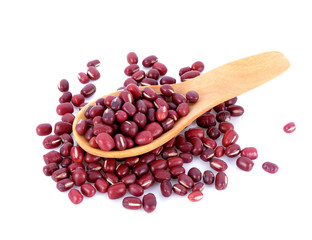 Red beanin wooden spoon isolated on white background