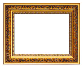 Golden picture frame with carved pattern isolated on a white background
