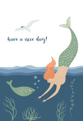 Mermaid , fish, vector illustration, vertical card design