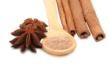 Cinnamon spice sticks with spoon isolated on the white