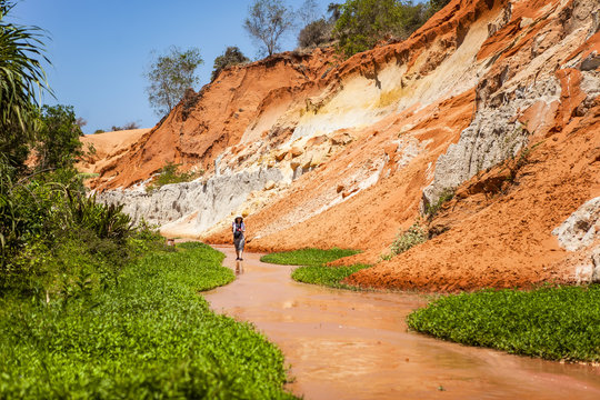 PHAN THIET, BINH THUAN, VIETNAM, May 7th, 2018: Fairy Stream Canyon Red river between rocks and jungle Mui Ne Vietnam. Red canyon near Mui Ne, southern Vietnam