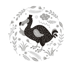 Fototapeta na wymiar Dodo bird, black and white vector illustration