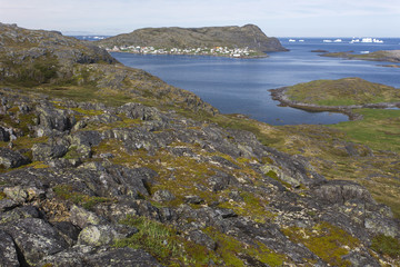 view of Town of Fogo and icebergs from rocky hill, Fogo Island, Newfoundland
