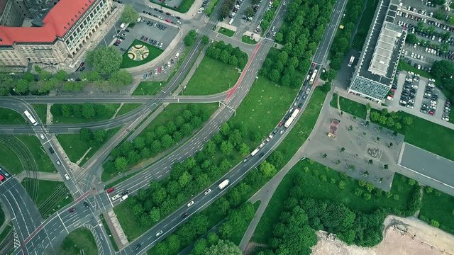 Aerial top down view of road traffic in Dresden, Germany