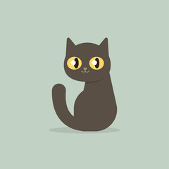 Happy black cat kitten sitting, cartoon flat style vector illustration.