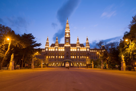 View of the building of the old town hall in the night illumination, Vienna