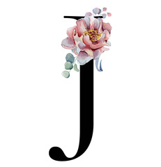  Floral watercolor alphabet. Monogram initial letter J design with hand drawn peony and anemone flower  and black panther