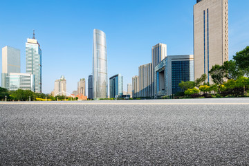 Panoramic skyline and buildings with empty street