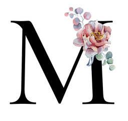  Floral watercolor alphabet. Monogram initial letter M design with hand drawn peony and anemone flower  and black panther