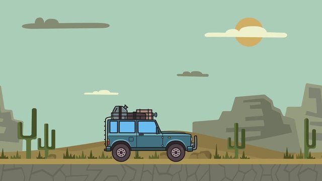 Animated SUV car with luggage on the roof trunk riding through canyon desert. Moving off-road vehicle on desert landscape, side view. Flat animation