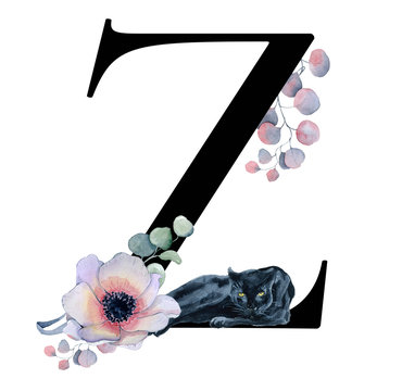  Floral watercolor alphabet. Monogram initial letter Z design with hand drawn peony and anemone flower  and black panther 