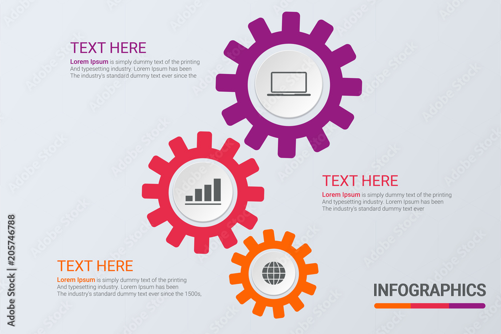 Poster Three steps infographics. Workflow strategy or team work. Business cogs template with options for brochure, diagram, workflow, timeline, web design