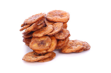 sweet banana crisps so delicious on white background