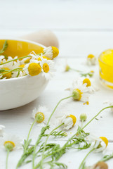 Obraz na płótnie Canvas medical cream and daisy herbal flowers on white wood table background