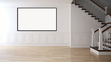 Modern bright interiors apartment with mockup poster frame 3D rendering illustration