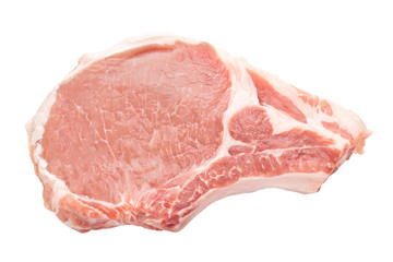 fresh raw meat on white background, pork, beef, chop on a bone, clipping path, full depth of field