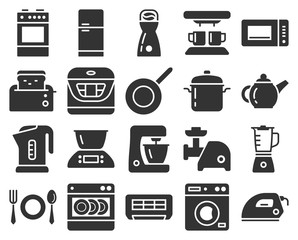 Monochromatic icons set of some kitchen utensils and home appliances