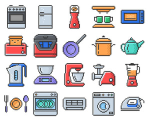 Outlined pixel  icons set of some kitchen utensils and home appliances