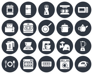 Round icons set of some kitchen utensils and home appliances