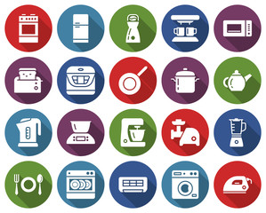 Round icons set of some kitchen utensils and home appliances with long shadow
