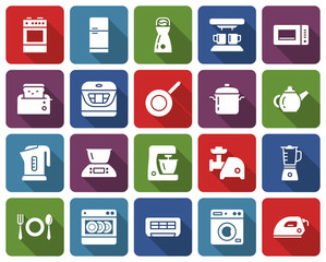 Rounded square icons set of some kitchen utensils and home appliances with long shadow