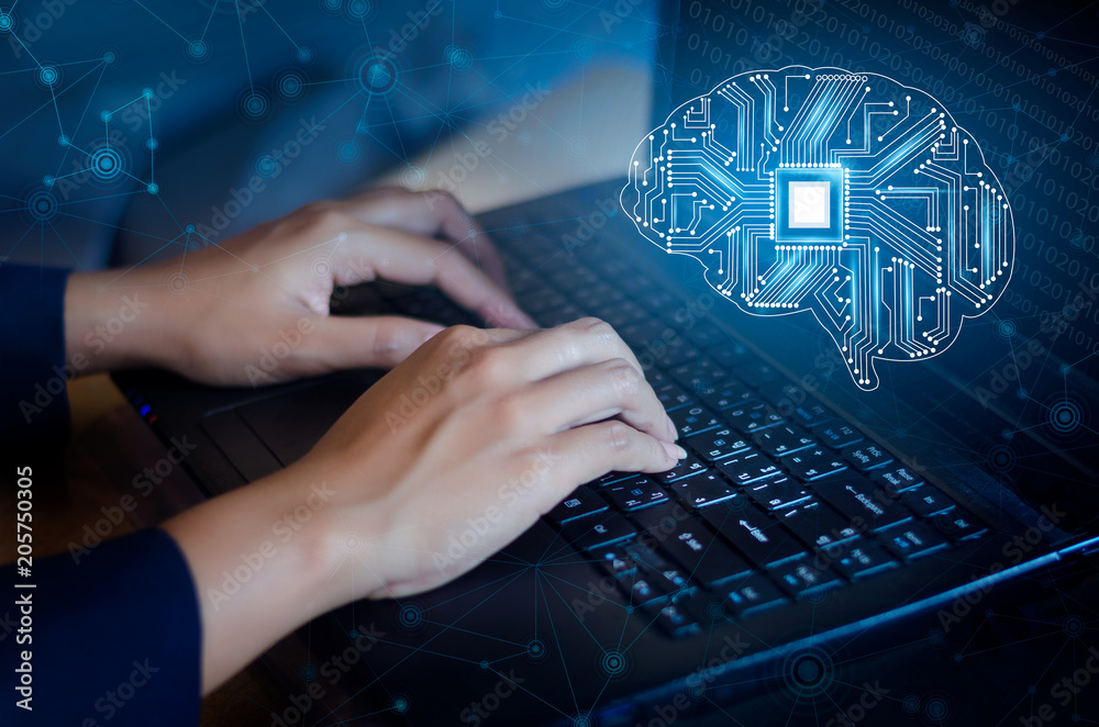 Fototapete concept of thinking.background with brain cpu mind series technology symbols subject of computer sci