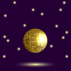 Fototapeta na wymiar Golden disco ball. Mirror sphere on dark background