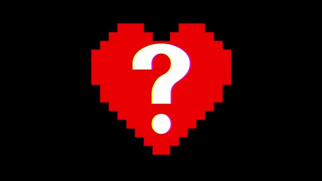 pixel heart with question mark symbol glitch interference screen seamless loop animation background new dynamic retro vintage joyful colorful video footage