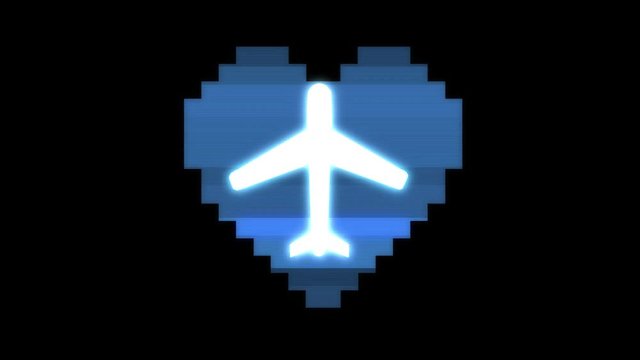 pixel heart with air plane symbol glitch interference hud holographic screen seamless loop animation background new dynamic retro vintage joyful colorful video footage