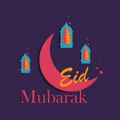 Hand-drawn Illustration of Ramadan lanterns with lights, Crescent on a purple background with Eid Mubarak greeting text.
