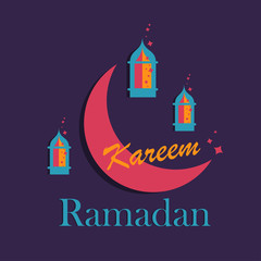 Hand-drawn Illustration of Ramadan lanterns with lights, Crescent on a purple background with Ramadan Kareem greeting text.