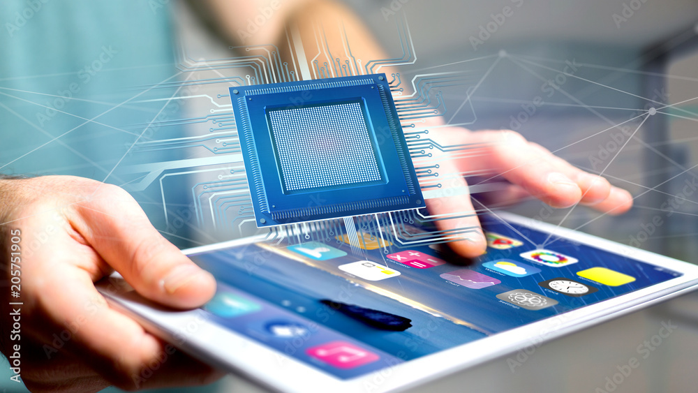 Poster businessman using a smartphone with a processor chip and network connection - 3d render